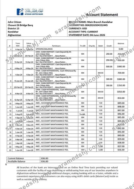 Afghan United Bank account statement Word and PDF template